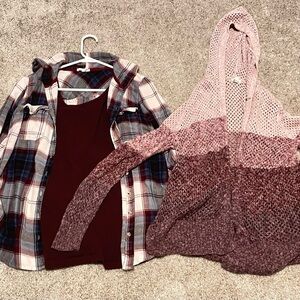 Maurices 3 piece set Burgundy cardigan, tank, and flannel